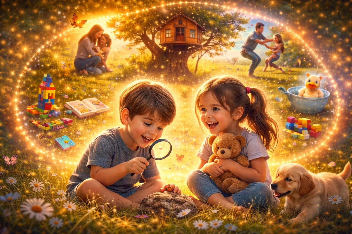 Duas crianças brincando e descobrindo o mundo ao ar livre