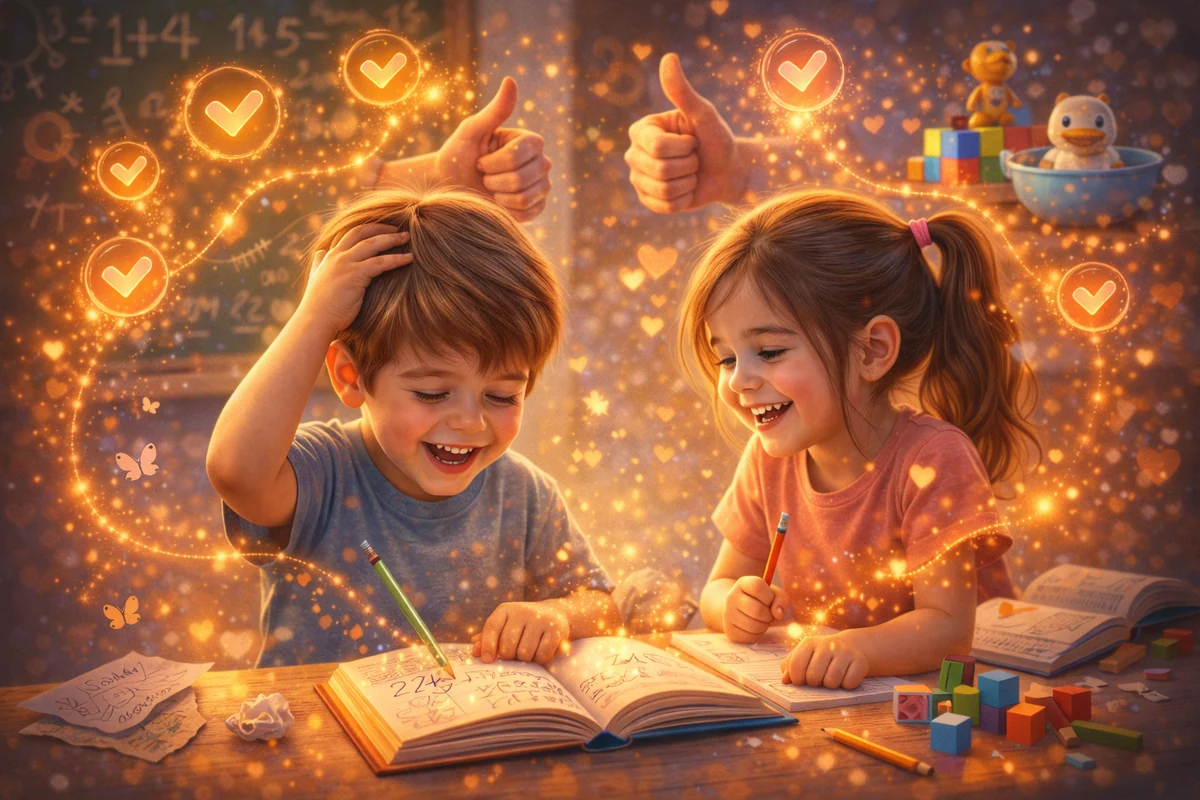 Duas crianças sorrindo enquanto escrevem e conversam juntas