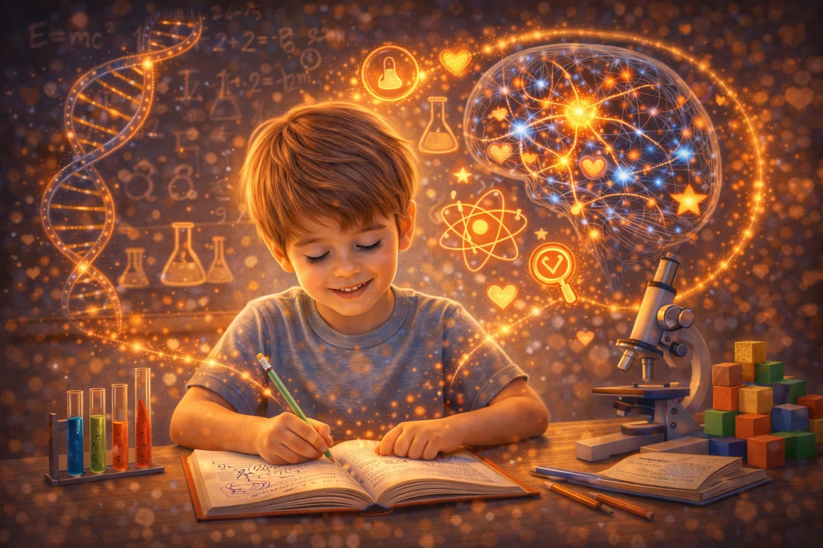 Criança lendo e escrevendo em um caderno com prazer