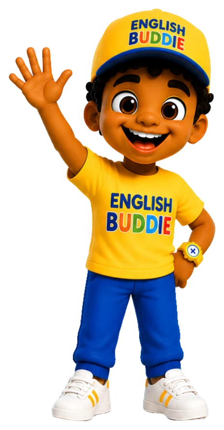 Buddie, o amiguinho da English Buddie, sorrindo e acenando